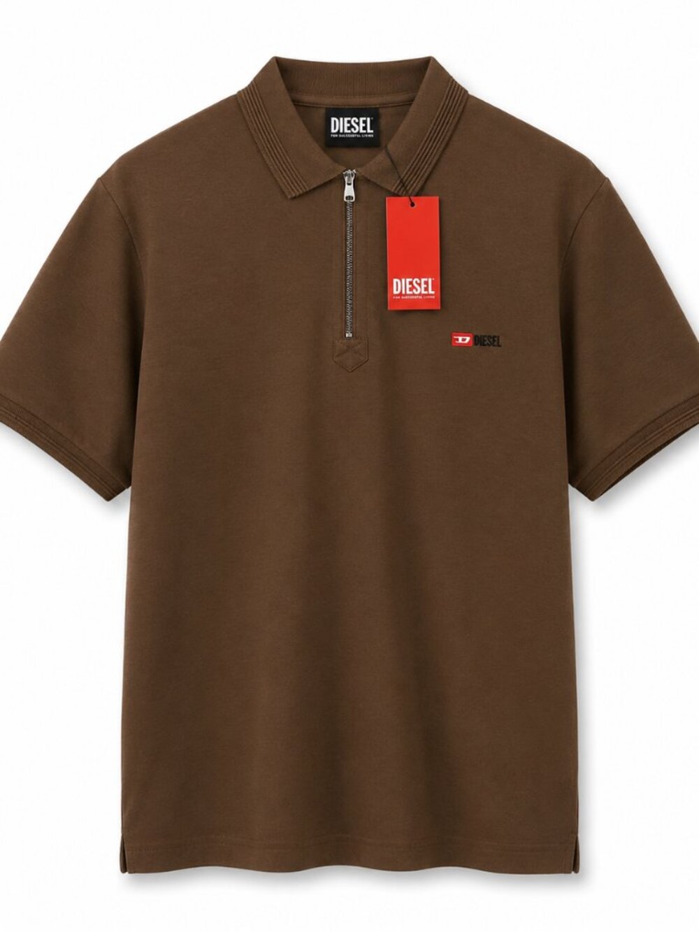 Diesel Men’s Brown Polo Shirt Quarter Zip Logo Short Sleeve NWT